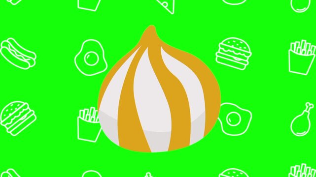 Fish dumpling, white yellow animated cartoon vector with foodie icon background on green screen. Appetizer idea, seafood, steamed food symbol. Popup animation template design element