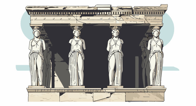 Ancient stone maidens adorn a classical structure with sunlit shadows