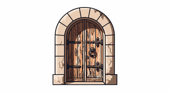 Old wooden double doors with a stone archway and ornate metal hardware