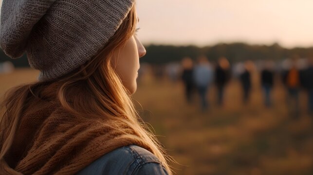 A profile view of a person wearing a beanie standing in a vast field during golden hour watching distant figures