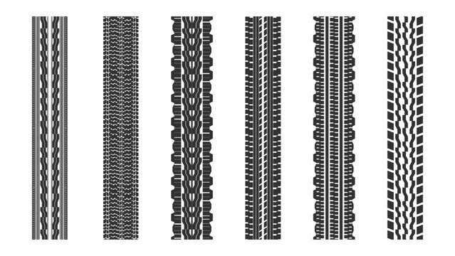 Tire tracks silhouette seamless pattern brush set, various tread marks
