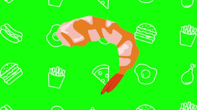 Shrimp, prawn, fried tempura animated cartoon vector with foodie icon background on green screen. Appetizer idea, cuisine, Japanese food symbol. Popup animation template design element
