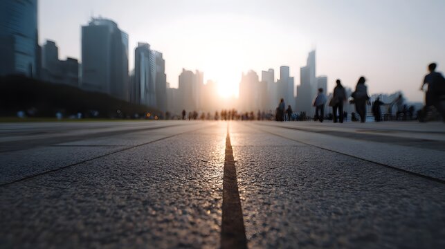 An expansive view down an open road leading toward a glowing modern city skyline at sunrise or sunset