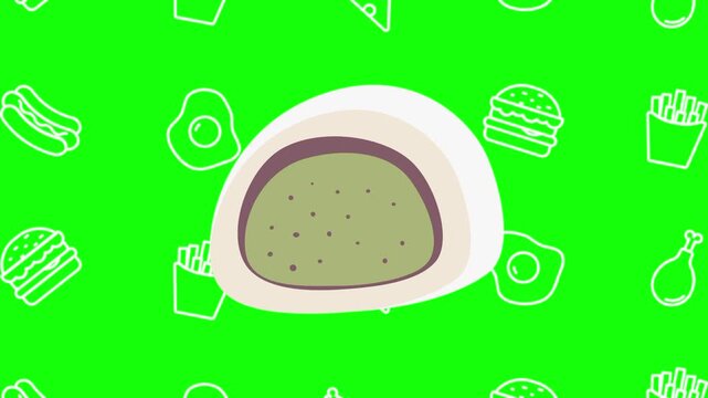 Wagashi, Japanese food animated cartoon vector with foodie icon background on green screen. Dessert idea, traditional, food symbol. Popup animation template design element