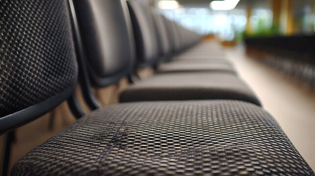 Close up view down a row of empty contemporary upholstered seating in a large conference or lecture hall