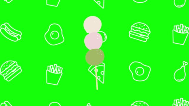 Dango skewer animated cartoon vector with foodie icon background on green screen. Dessert idea, dumpling, Japanese food symbol. Popup animation template design element