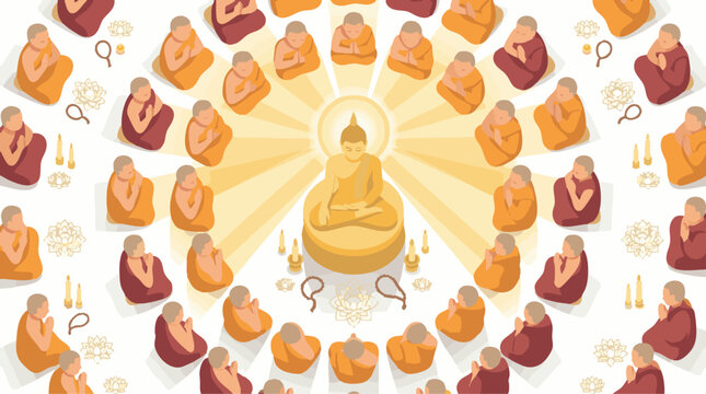 Monks Praying During Visakha Bucha Celebration Flat Vector