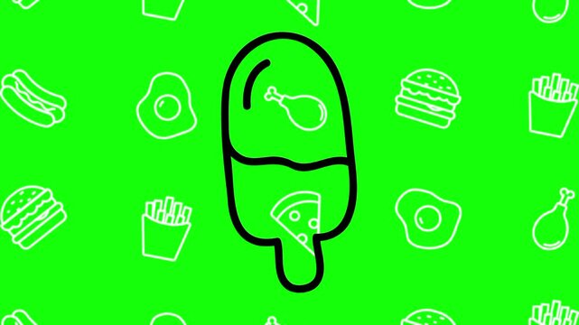 Popsicle ice cream drawing sketch animated cartoon vector with foodie icon background on green screen. Dessert idea, sticky, frozen food symbol. Popup animation template design element