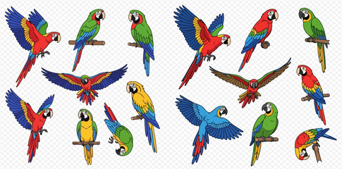 Collection of colorful cartoon macaws and parrots in various poses, flying and perching on branches, isolated on a transparent background. © MuammarAuliyan