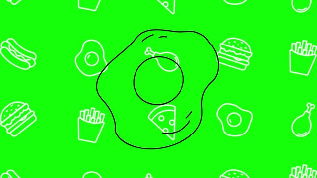 Fried egg drawing sketch animated cartoon vector with foodie icon background on green screen. Hand drawn idea, sunny side up, healthy food symbol. Popup animation template design element