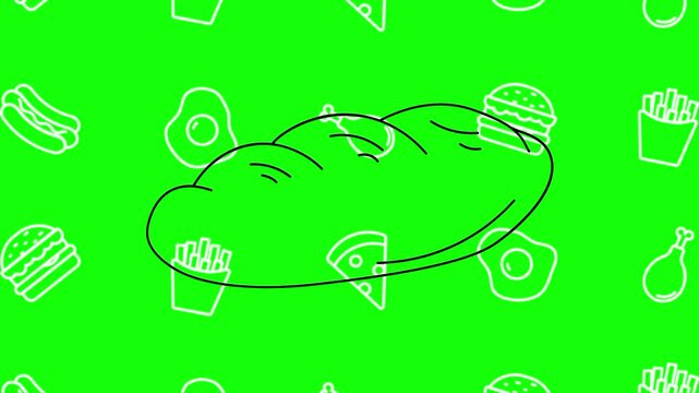 Bread, sourdough, loaf drawing sketch animated cartoon vector with foodie icon background on green screen. Hand drawn idea, baking, bakery symbol. Popup animation template design element