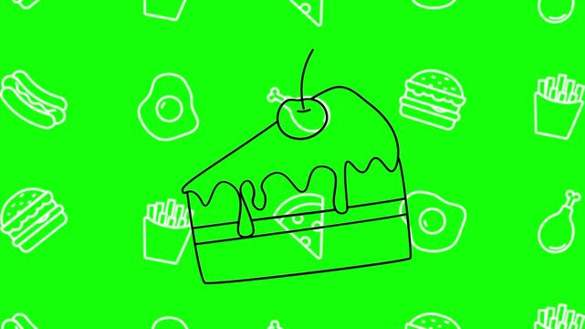 Black forest, cherry cake slice drawing sketch animated cartoon vector with foodie icon background on green screen. Hand drawn idea, dessert, bakery symbol. Popup animation template design element