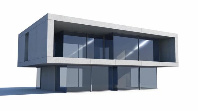 This video shows the architectural design process of a modern house. A blueprint transforms into a sleek, two-story concrete and glass building.