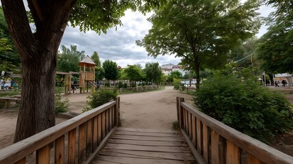 Obraz premium A peaceful wooden walkway leads through a lush park environment towards a distant playground under an overcast sky