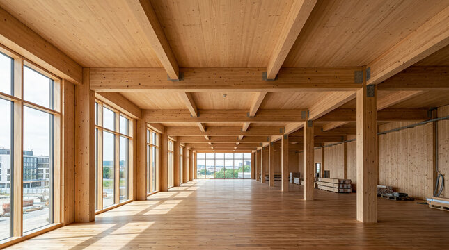 Exposed CLT timber interior of modern commercial building under construction
