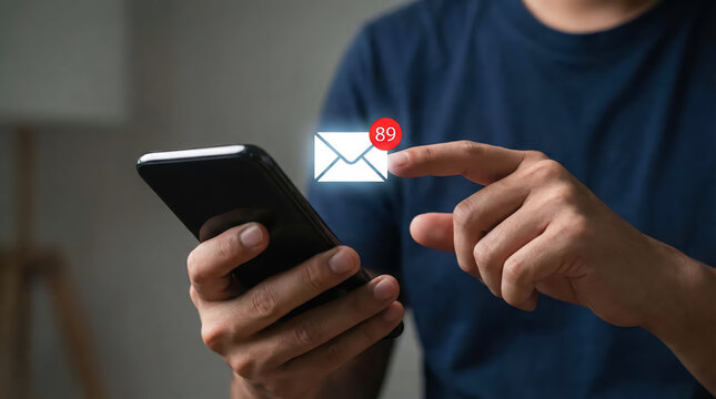 Closeup of a person holding a smartphone with a digital email notification icon showing 89 unread messages