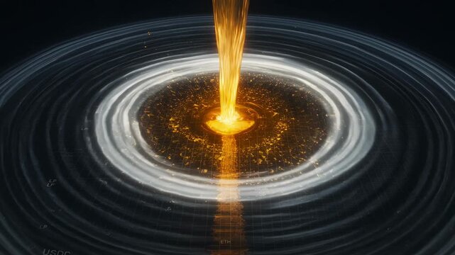Golden molten liquid pouring on a digital grid representing cryptocurrency liquidity and ethereum blockchain energy