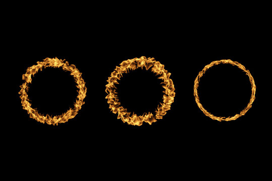 Burning fire ring frames set - round borders made of flames. Fiery circular elements, blazing hot circles. Bright flaming design overlays for dramatic effects, danger symbols. Ignited hoop shapes.