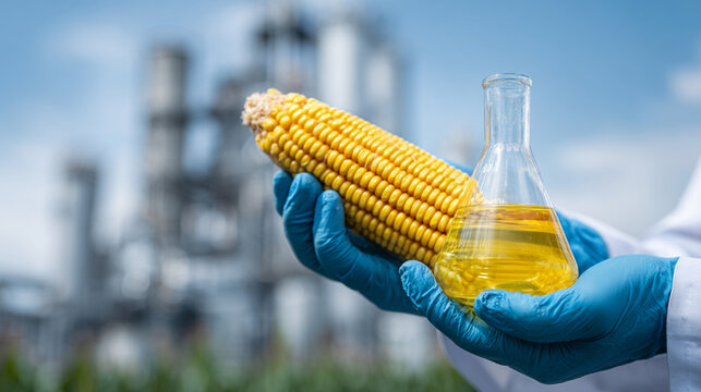 Close-up of gloved hands holding yellow corn cob and biofuel liquid in laboratory flask at ethanol plant