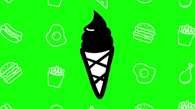 Ice cream cone drawing sketch animated cartoon vector with foodie icon background on green screen. Dessert idea, gelato, freshness symbol. Popup animation template design element