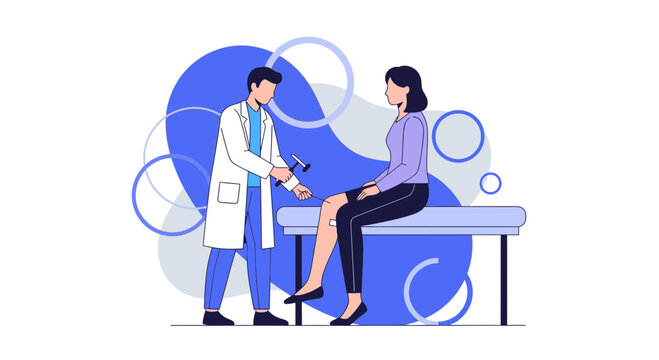 Doctor examining patient's knee with reflex hammer in a modern clinic, medical checkup