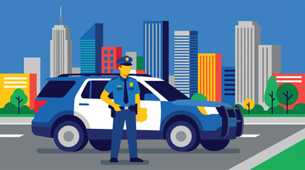 Police officer standing beside a patrol car. © Abhinaya Project