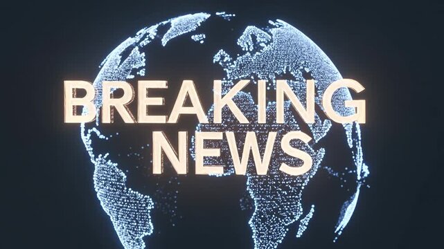 Digital point-cloud globe rotates behind golden 3D text to introduce urgent broadcast news and significant global media events.