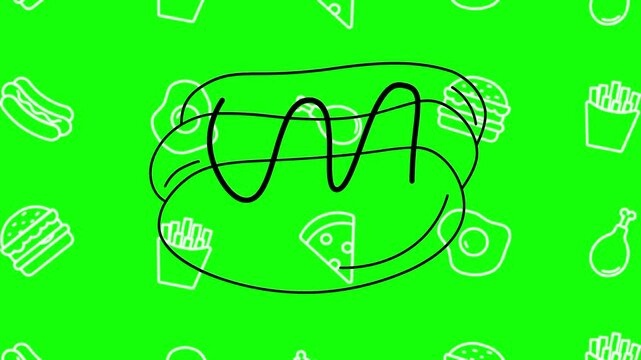 Hot dog, hotdog drawing sketch animated cartoon vector with foodie icon background on green screen. Hand drawn idea, BBQ, street food symbol. Popup animation template design element