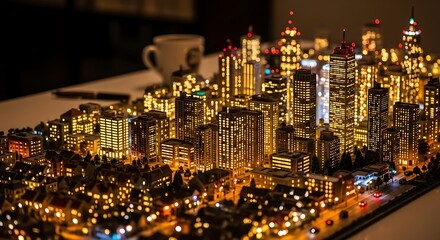 Obraz premium Miniature Cityscape Illuminated with Warm Lights at Night.