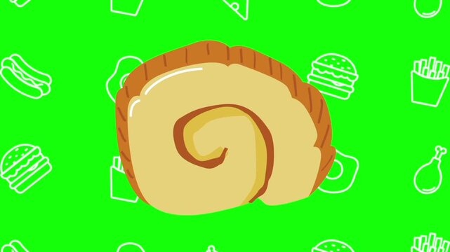 Cake roll, Swiss roll animated cartoon vector with foodie icon background on green screen. Dessert idea, spiral, sweet pastry symbol. Popup animation template design element