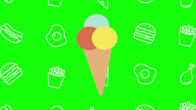 Colorful ice cream cone, gelato animated cartoon vector with foodie icon background on green screen. Dessert idea, scoop, sweet food symbol. Popup animation template design element