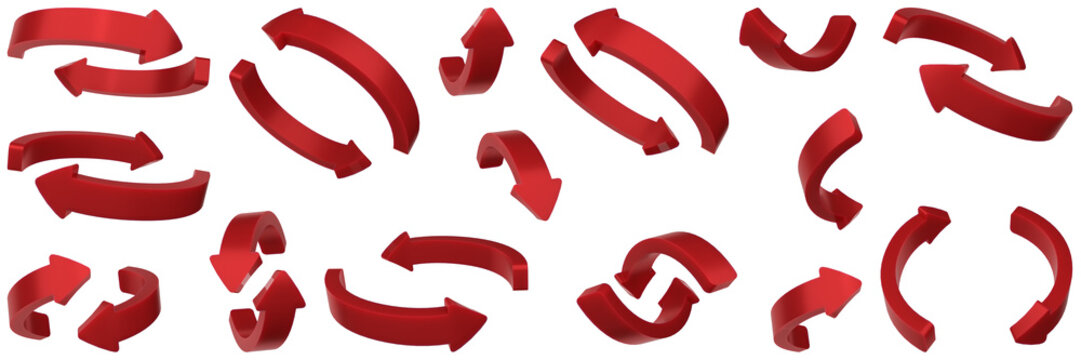 3d red rubber curved arrows set, rotation and refresh icons collection, circular direction symbols isolated on background