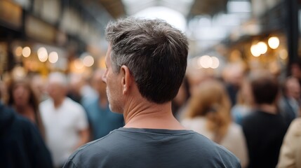 Fototapeta premium A focused man viewed from the back amidst a blurred bustling indoor crowd during a modern comm gathering
