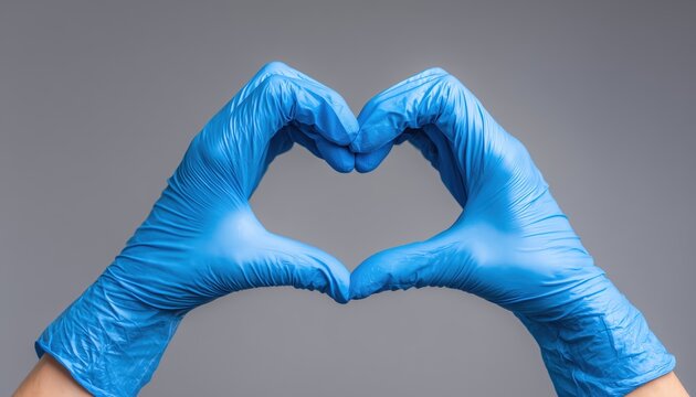 Human Hands Rising Up And Forming A Heart Shape With Fingers While Wearing Blue Surgical Gloves. The Gesture Is A Symbol Of Love And Caring.