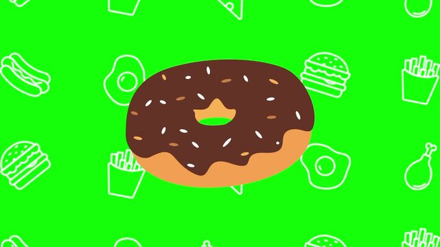 Chocolate donut animated cartoon vector with foodie icon background on green screen. Dessert idea, frosting, sweet pastry symbol. Popup animation template design element