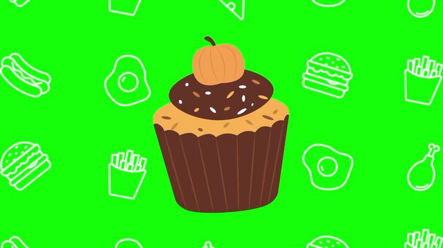 Brown cupcake with cream, fruit as topping, various chocolate animated cartoon vector with foodie icon background on green screen. Pastry idea, bakery symbol. Popup animation template design element