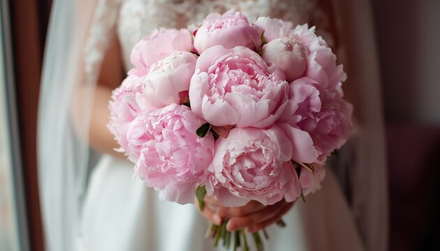 Elegant Bride Grasping Stunning Wedding Bouquet Filled With Pink Peonies, Enhancing The Romantic And Joyful Atmosphere Of The Ceremony.