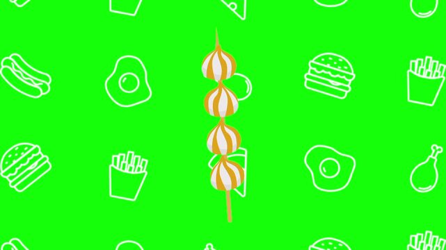 Fish dumpling skewer animated cartoon vector with foodie icon background on green screen. Appetizer idea, seafood, steamed food symbol. Popup animation template design element