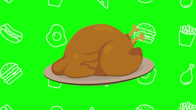 Whole grilled turkey, chicken animated cartoon vector with foodie icon background on green screen. Barbecue idea, meat, food symbol. Popup animation template design element