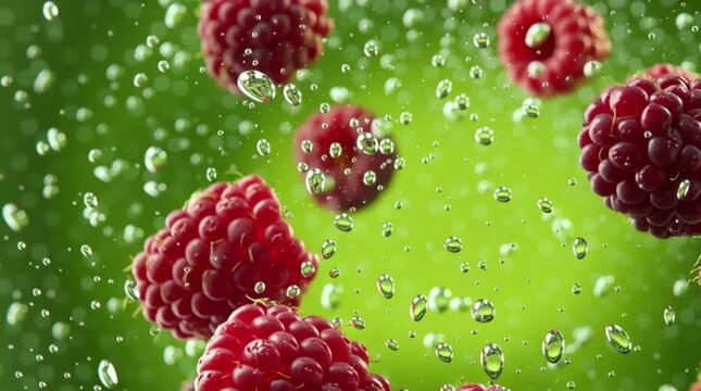 raspberries falling into water on a green background