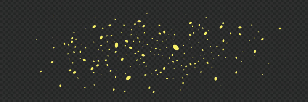Trendy Fireflies Overlay, magical glowing yellow particles effect for festive background design and creative digital compositing