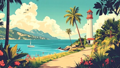 Obraz premium Tropical Paradise - Lighthouse, Palm Trees, and Ocean View Illustration.