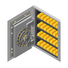 Isometric View of Open Vault Door with Gold Bars Inside. © Vullyuil