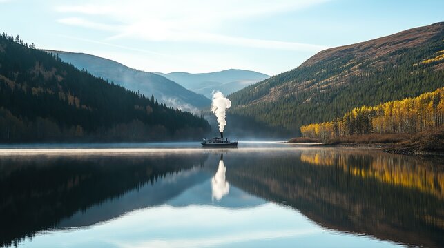 reamer. A small steamboat on a calm lake with smoke from its chimney and misty mountains in the distance. lifestyle magazines.