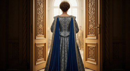 Obraz premium regal woman in blue cape standing in ornate doorway