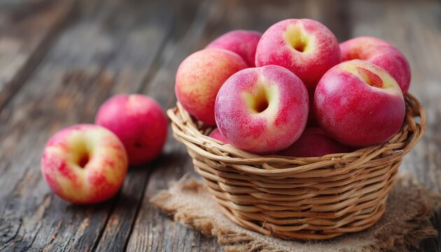 Succulent Chinese Donut Peaches Arranged In A Basket On Vintage Wooden Table - A Delicious And Nutritious Snack Option!