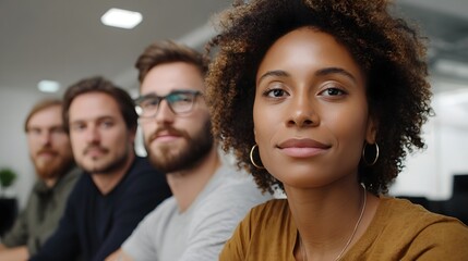 Fototapeta premium A focused portrait of a diverse professional woman set against a backdrop of male colleagues in a modern collaborative workspace