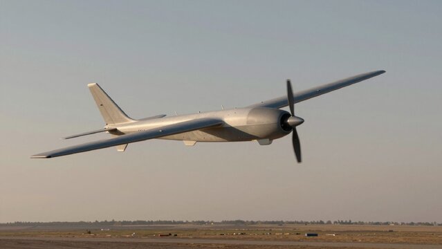 Taken low angle looking glider aircraft mid-flight futuristic unmanned aerial vehicle uav sleek metallic silve