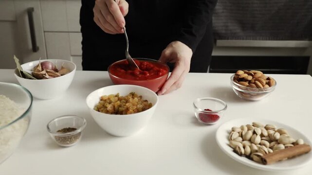 hands repositioning a small bowl of almonds beside raisins tomato sauce garlic and pistachios while arranging ingredients for an aromatic rice and chicken meal