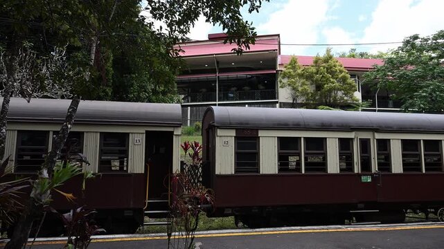historic Kuranda railway station platform next to the Skyrail terminal in the rainforest of the mountains near Cairns, Queensland, travel destination in tropical Australia.